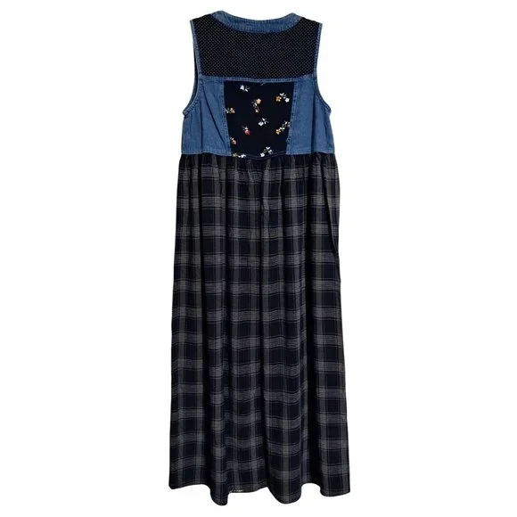 Vintage Carole Little Sport 6 Petite Denim Plaid Maxi Dress Modest Jumper Floral - Picture 2 of 10